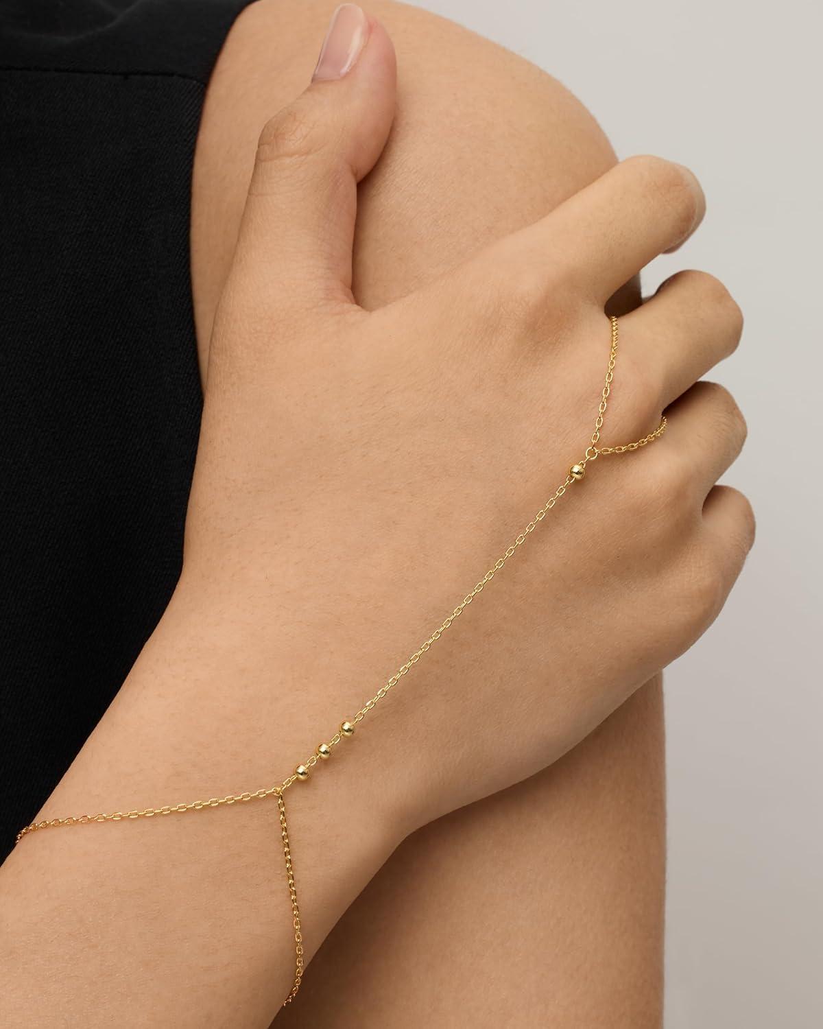 imagePAVOI 14K Gold Plated Hand Chains for Women  Adjustable Hand Chain Bracelet and Ring  Trendy Gold Handchain Bracelet Stack Summer Jewelry  Beads Pearl and Cubic Zirconia Body JewelryWhite Gold