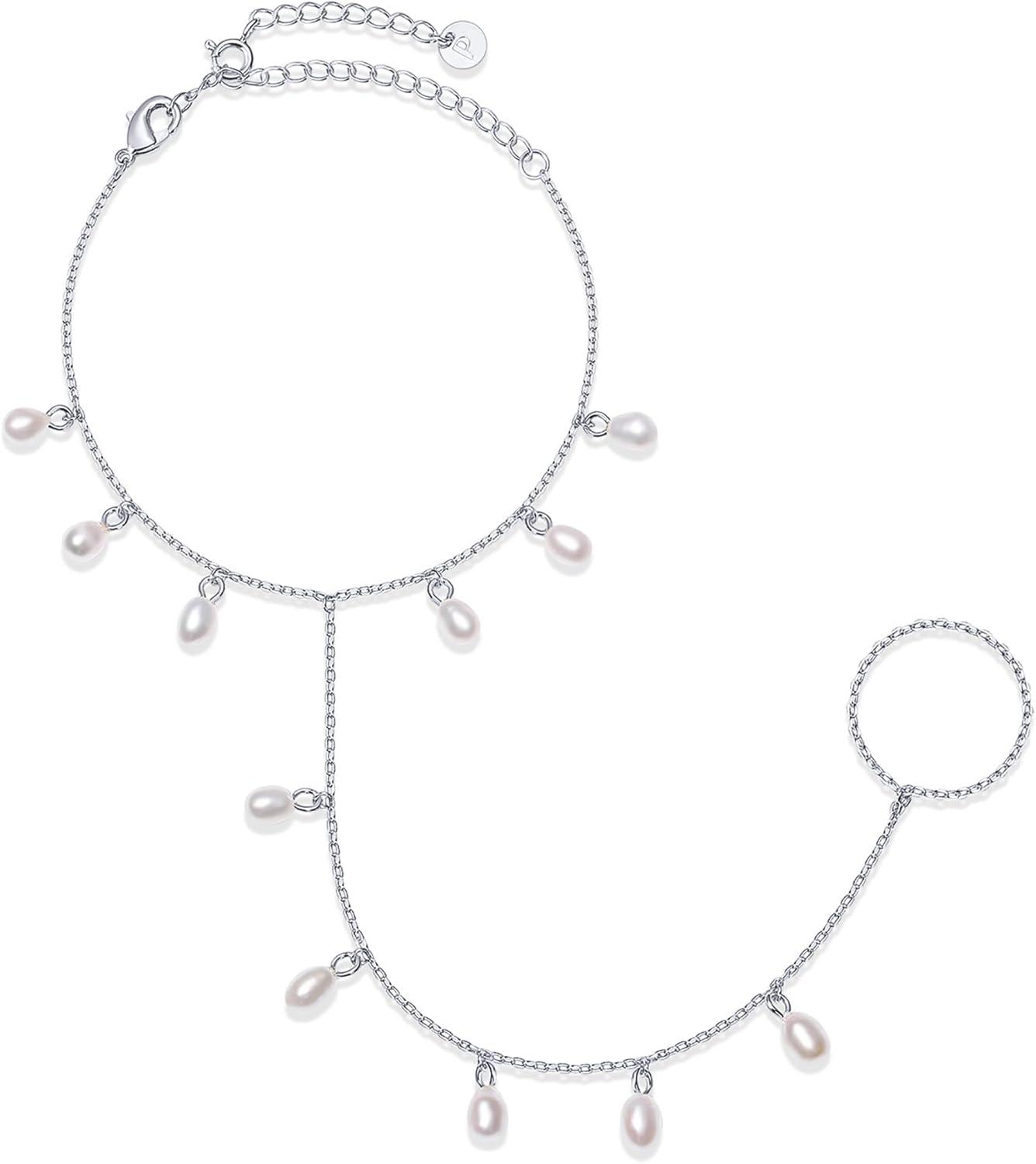 imagePAVOI 14K Gold Plated Hand Chains for Women  Adjustable Hand Chain Bracelet and Ring  Trendy Gold Handchain Bracelet Stack Summer Jewelry  Beads Pearl and Cubic Zirconia Body JewelryWhite Gold