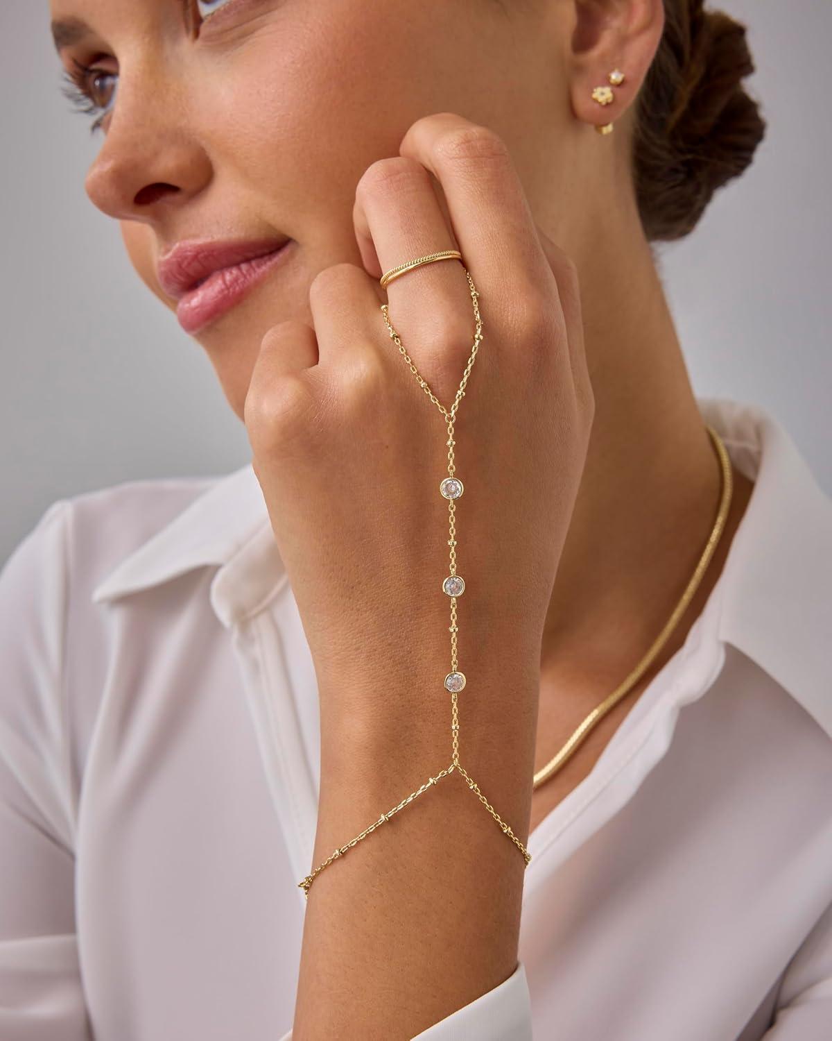 imagePAVOI 14K Gold Plated Hand Chains for Women  Adjustable Hand Chain Bracelet and Ring  Trendy Gold Handchain Bracelet Stack Summer Jewelry  Beads Pearl and Cubic Zirconia Body JewelryWhite Gold