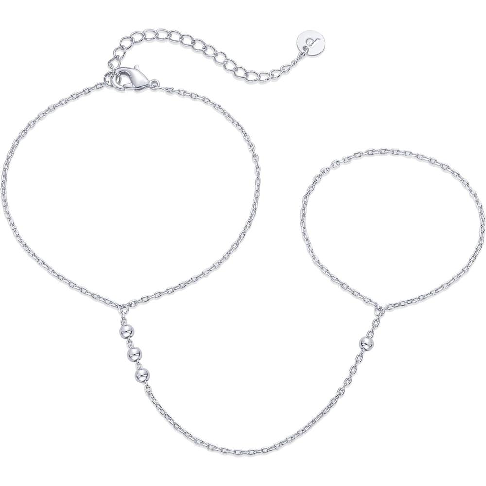 imagePAVOI 14K Gold Plated Hand Chains for Women  Adjustable Hand Chain Bracelet and Ring  Trendy Gold Handchain Bracelet Stack Summer Jewelry  Beads Pearl and Cubic Zirconia Body JewelryWhite Gold