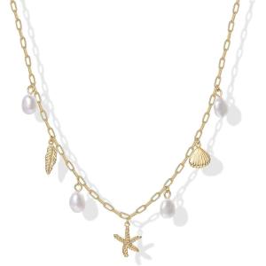 imagePAVOI 14K Gold Plated Beach Charm Necklace for Women  Dainty Paperclip Chain Trendy Beachy Multi Charm Necklace  Gold Ocean Summer Jewelry with Freshwater Pearl Sea Shell StarfishYellow Gold