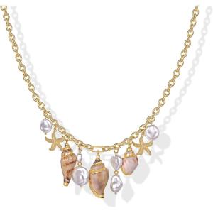 imagePAVOI 14K Gold Plated Coastal Chunky Charm Necklace for Women  Waterproof Stainless Steel Beach Multi Charm Necklace  Gold Statement Beachy Summer Jewelry with Sea Shell Starfish PearlYellow Gold