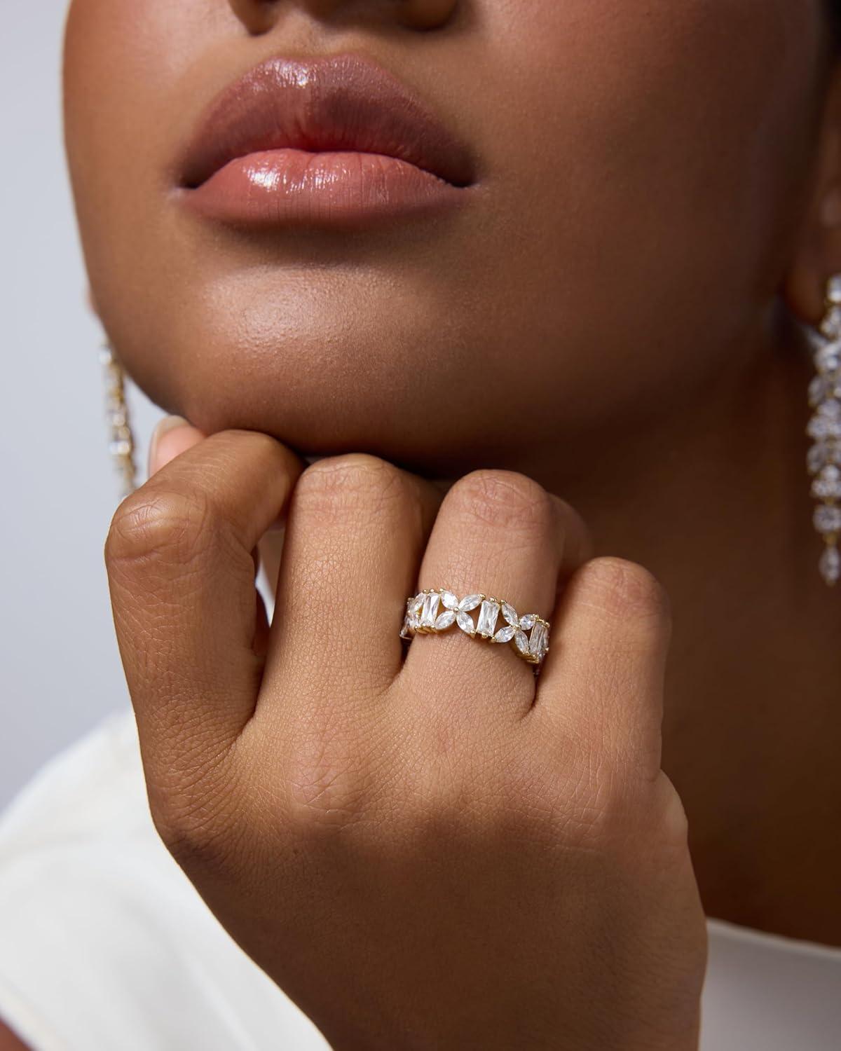 imagePAVOI 14K Gold Plated Marquise Eternity Rings for Women  Cubic Zirconia Chunky Stackable Wedding Ring  Statement Baguette CZ Gold Wedding Bands for Women  Promise Band Bridal Jewelry