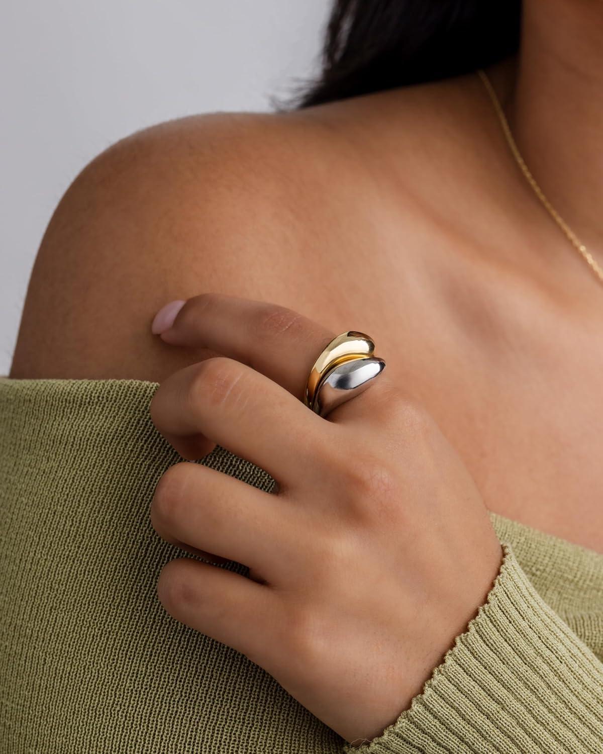 imagePAVOI 14K Gold Plated Mixed Metal Chunky Two Tone Wavy Dome Rings Pack for Women  Statement Ring Set