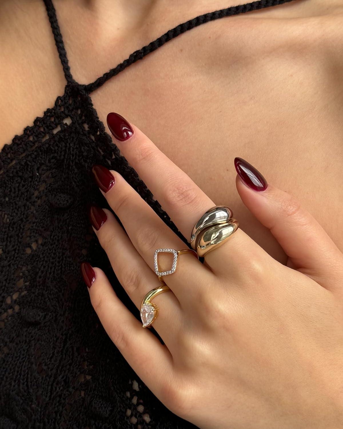 imagePAVOI 14K Gold Plated Mixed Metal Chunky Two Tone Wavy Dome Rings Pack for Women  Statement Ring Set