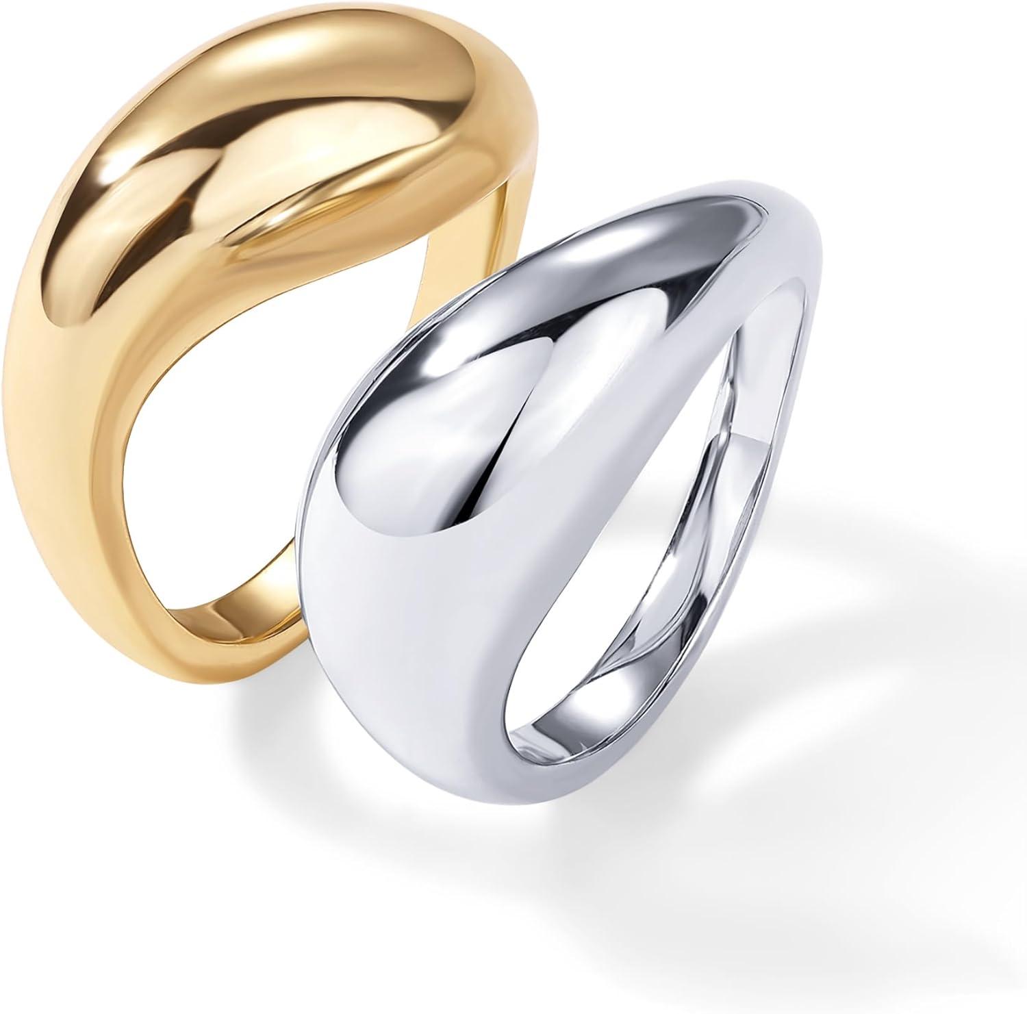 imagePAVOI 14K Gold Plated Mixed Metal Chunky Two Tone Wavy Dome Rings Pack for Women  Statement Ring Set