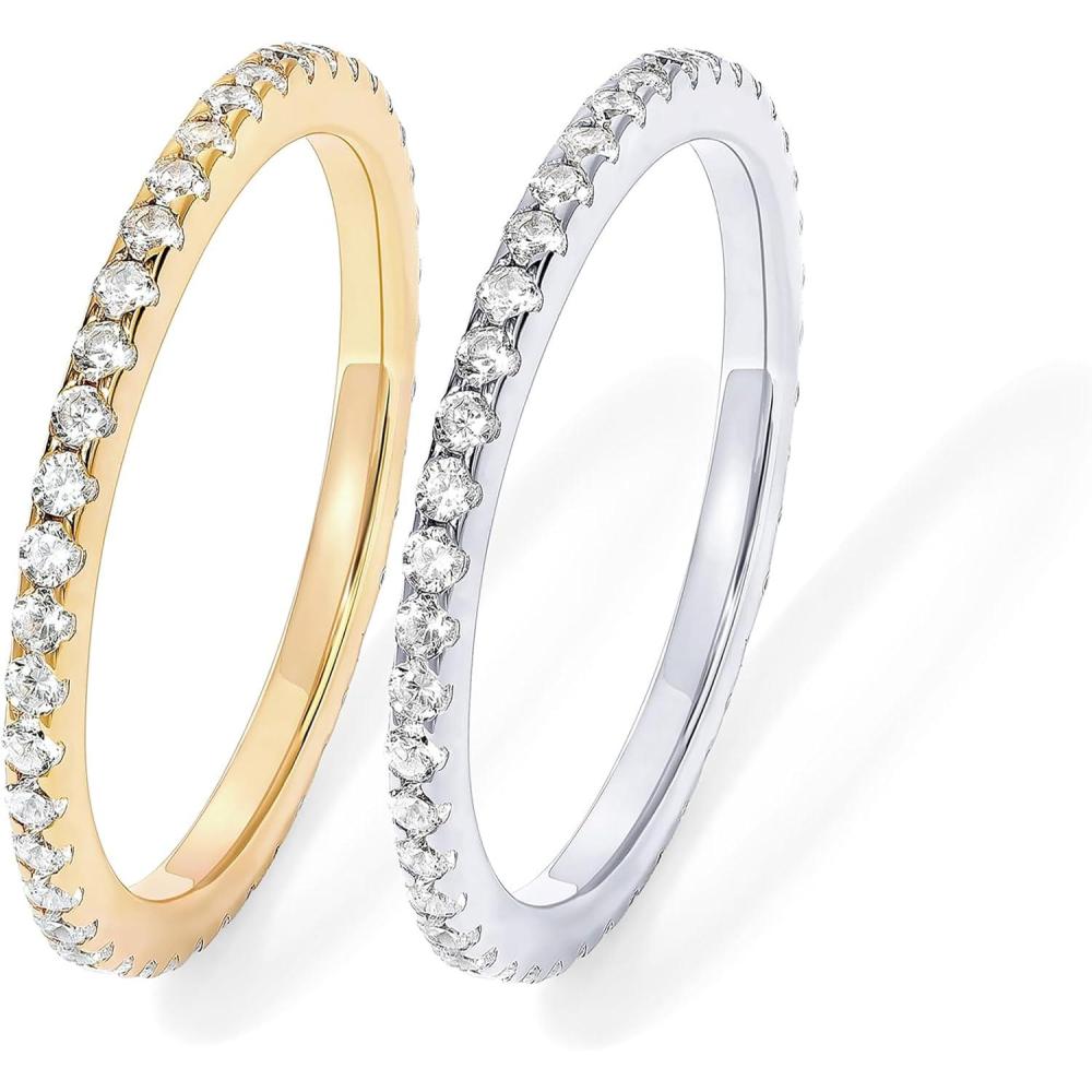 imagePAVOI 14K Gold Plated Solid 925 Sterling Silver CZ Simulated Diamond Stackable Ring Eternity Bands for Women2Pack White Gold  Yellow Gold