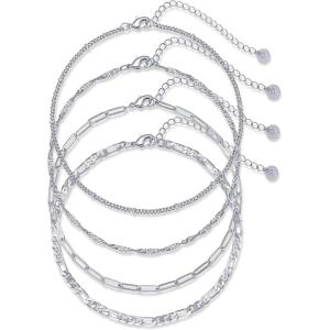 imagePAVOI 14K Gold Plated Chain Anklet Set  Lightweight 4Pack Gold Anklets for Women  Trendy Summer Four Ankle Bracelets for Women  Fashion Rope Figaro Beaded Satellite Paperclip Chain JewelryWhite Gold