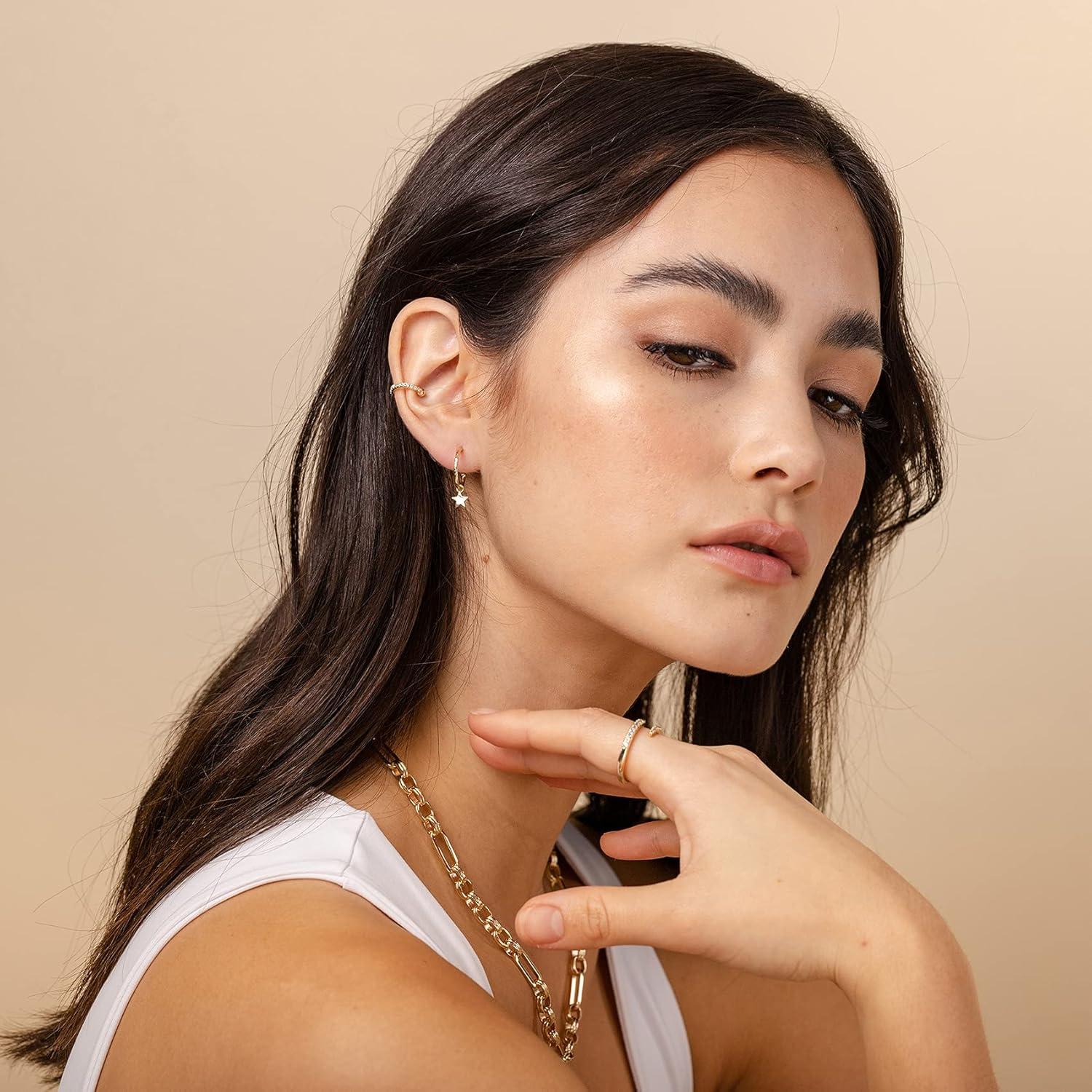 imagePAVOI 14K Gold Plated 925 Sterling Silver Post Huggie With Dangle  Small Hoop Earrings For Women  Trendy Dangle Hoop EarringsYellow Gold