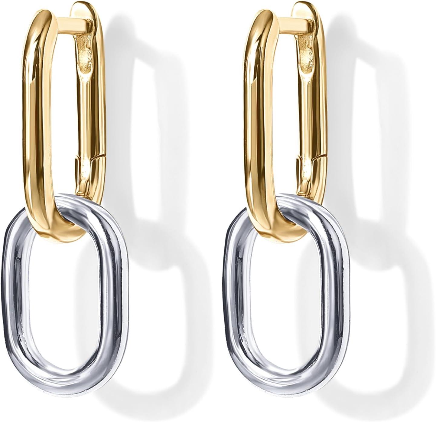 imagePAVOI 14K Gold Plated Convertible Paperclip Earrings for Women  Trendy Paper Clip Link Huggie Hoop Earrings  Chain Link Drop Dangle Hoops with Cubic Zirconia  TwoToned Statement JewelryTwoToned