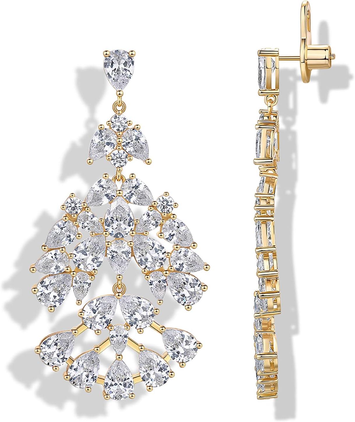 imagePAVOI 14K Gold Plated Crystal Chandelier Earrings for Women  925 Sterling Silver Posts Statement Cubic Zirconia Drop Dangle Earrings for Brides  Crystal Cluster Long Dangle Wedding JewelryYellow Gold