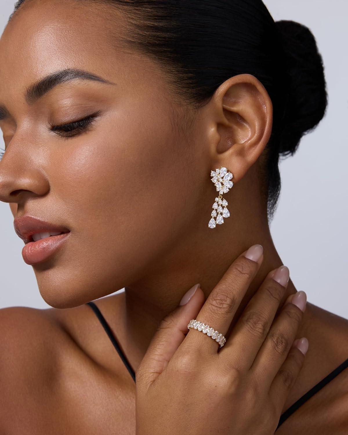 imagePAVOI 14K Gold Plated Crystal Chandelier Earrings for Women  925 Sterling Silver Posts Statement Cubic Zirconia Drop Dangle Earrings for Brides  Crystal Cluster Long Dangle Wedding JewelryYellow Gold