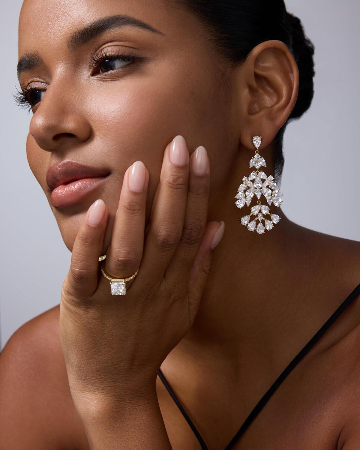 imagePAVOI 14K Gold Plated Crystal Chandelier Earrings for Women  925 Sterling Silver Posts Statement Cubic Zirconia Drop Dangle Earrings for Brides  Crystal Cluster Long Dangle Wedding JewelryYellow Gold