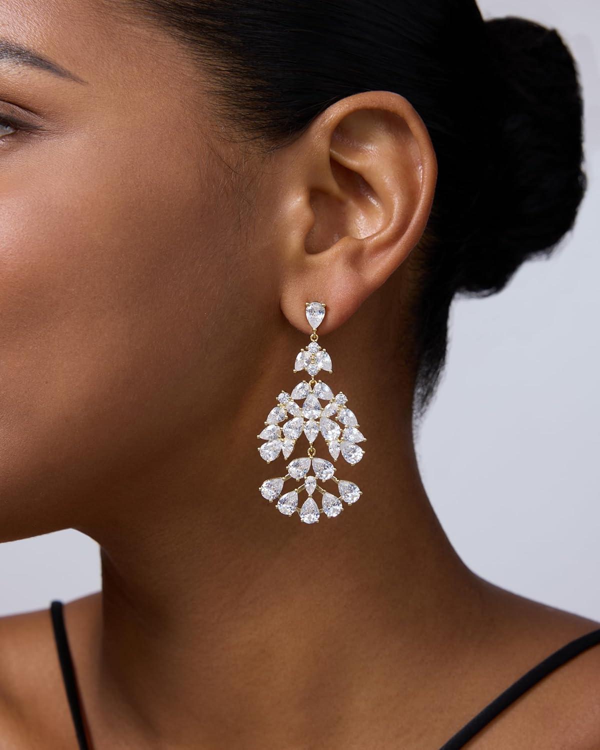 imagePAVOI 14K Gold Plated Crystal Chandelier Earrings for Women  925 Sterling Silver Posts Statement Cubic Zirconia Drop Dangle Earrings for Brides  Crystal Cluster Long Dangle Wedding JewelryYellow Gold