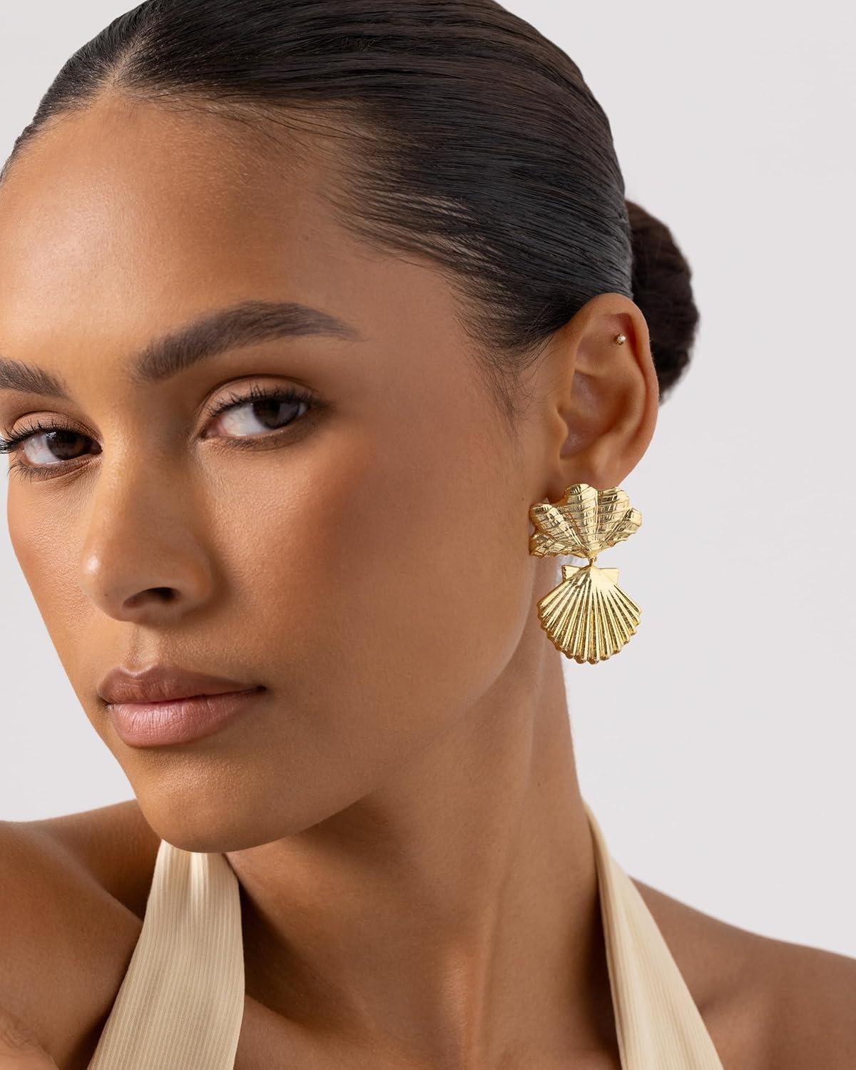 imagePAVOI 14K Gold Plated Dangle Sea Shell Earrings for Women  Statement Seashell Drop Dangle Earrings  Trendy Coastal Summer Beach JewelryWhite Gold