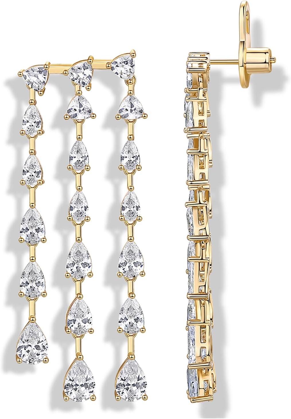 imagePAVOI 14K Gold Plated Long Tassel Dangle Earrings for Women  925 Sterling Silver Posts Elegant Rhinestone Chain Chandelier Drop Earrings  Statement JewelryYellow Gold