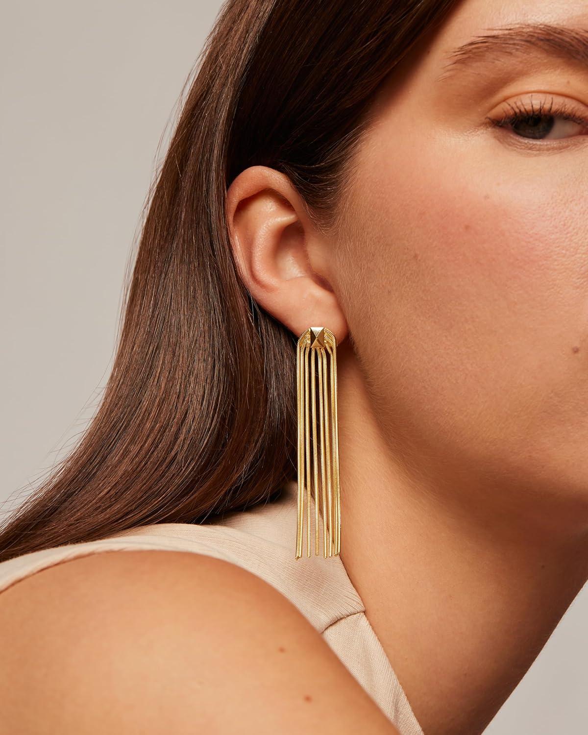 imagePAVOI 14K Gold Plated Long Tassel Dangle Earrings for Women  925 Sterling Silver Posts Elegant Rhinestone Chain Chandelier Drop Earrings  Statement JewelryWhite Gold