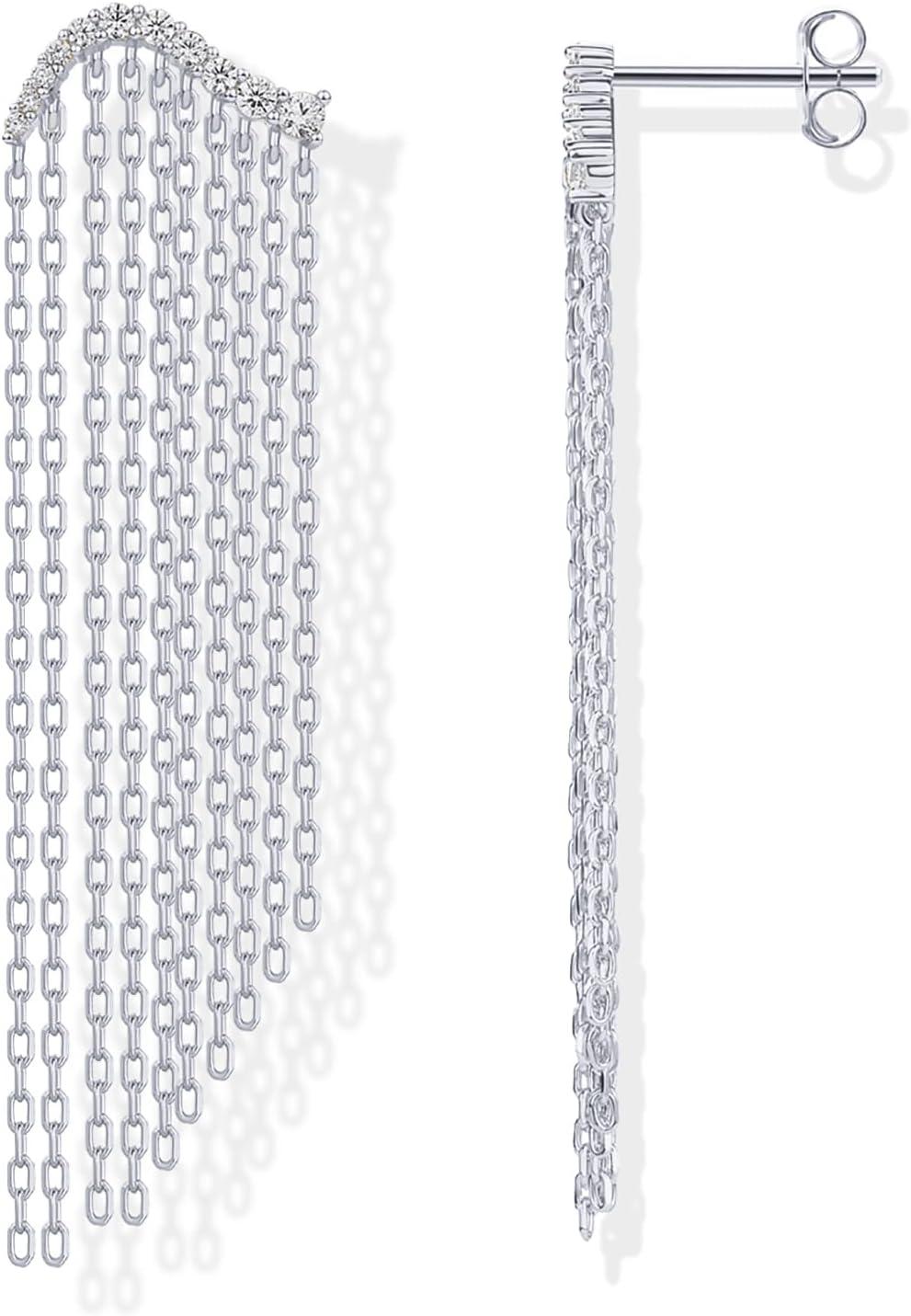 imagePAVOI 14K Gold Plated Long Tassel Dangle Earrings for Women  925 Sterling Silver Posts Elegant Rhinestone Chain Chandelier Drop Earrings  Statement JewelryWhite Gold