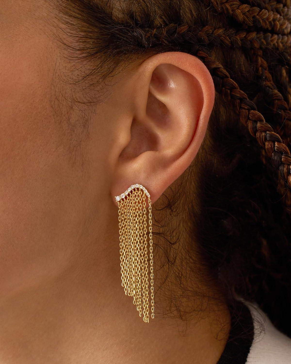 imagePAVOI 14K Gold Plated Long Tassel Dangle Earrings for Women  925 Sterling Silver Posts Elegant Rhinestone Chain Chandelier Drop Earrings  Statement JewelryWhite Gold