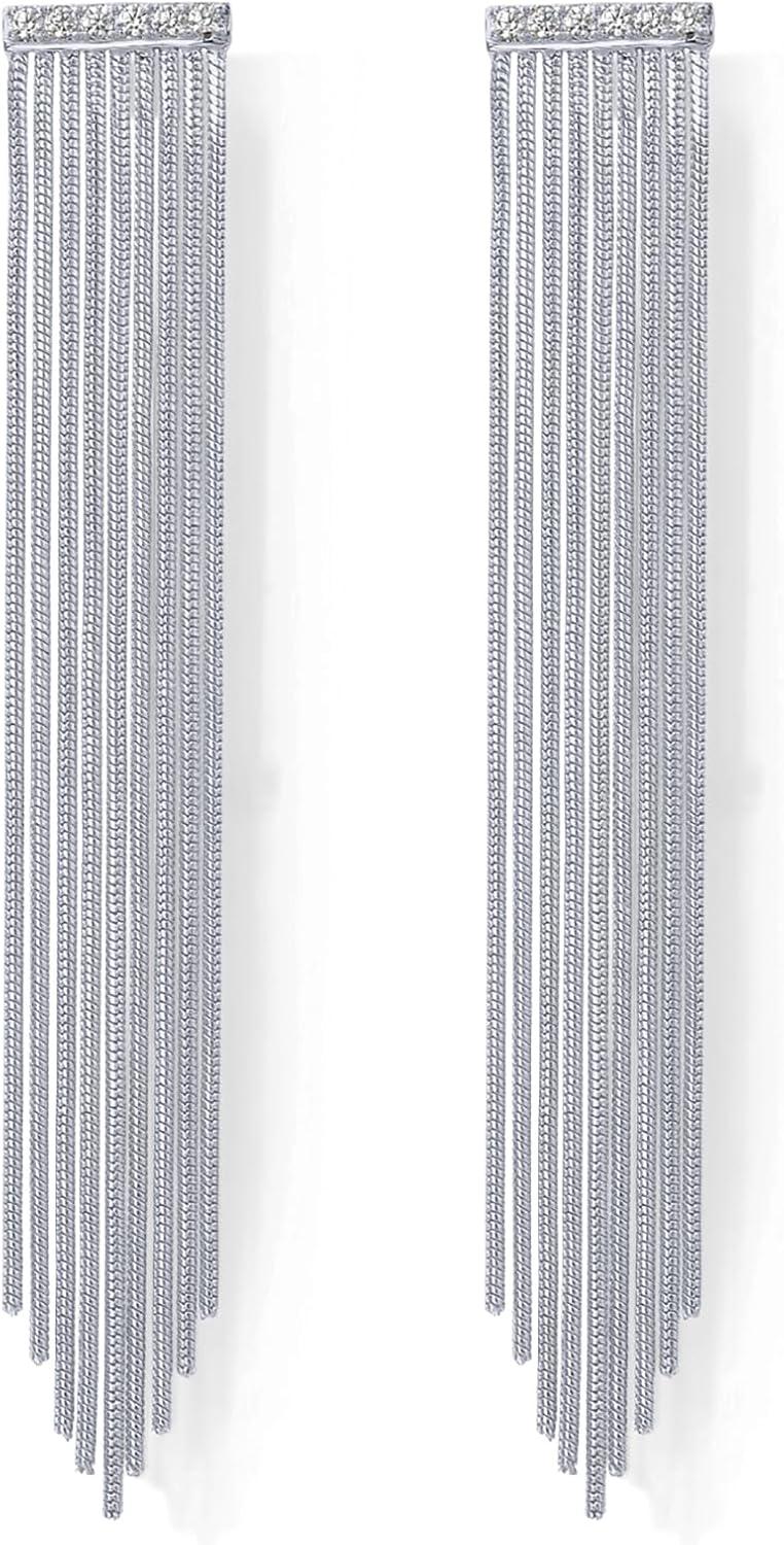 imagePAVOI 14K Gold Plated Long Tassel Dangle Earrings for Women  925 Sterling Silver Posts Elegant Rhinestone Chain Chandelier Drop Earrings  Statement JewelryWhite Gold