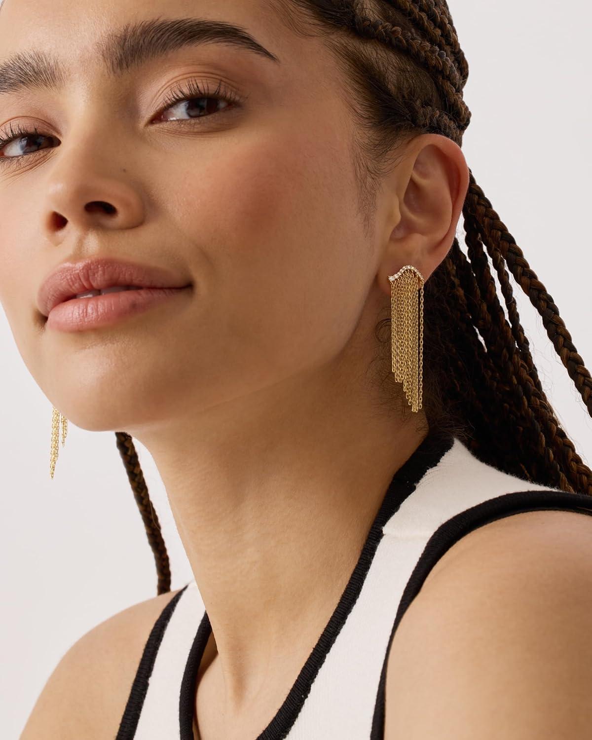 imagePAVOI 14K Gold Plated Long Tassel Dangle Earrings for Women  925 Sterling Silver Posts Elegant Rhinestone Chain Chandelier Drop Earrings  Statement JewelryWhite Gold