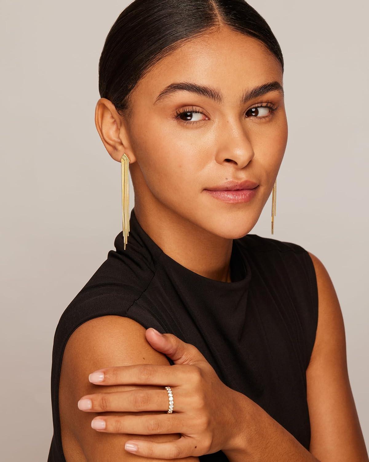 imagePAVOI 14K Gold Plated Long Tassel Dangle Earrings for Women  925 Sterling Silver Posts Elegant Rhinestone Chain Chandelier Drop Earrings  Statement JewelryWhite Gold