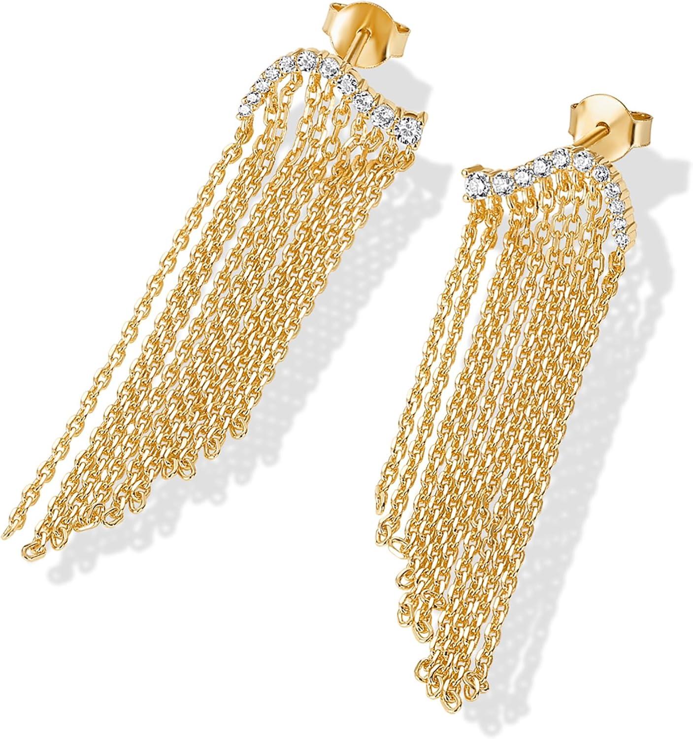 imagePAVOI 14K Gold Plated Long Tassel Dangle Earrings for Women  925 Sterling Silver Posts Elegant Rhinestone Chain Chandelier Drop Earrings  Statement JewelryYellow Gold