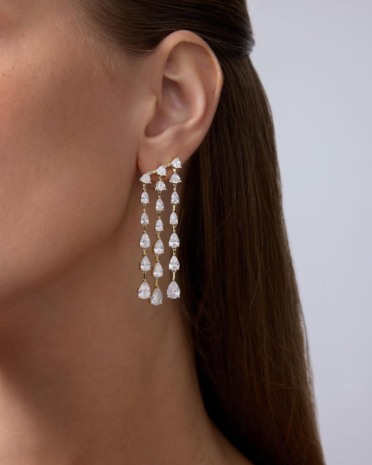 imagePAVOI 14K Gold Plated Long Tassel Dangle Earrings for Women  925 Sterling Silver Posts Elegant Rhinestone Chain Chandelier Drop Earrings  Statement JewelryWhite Gold