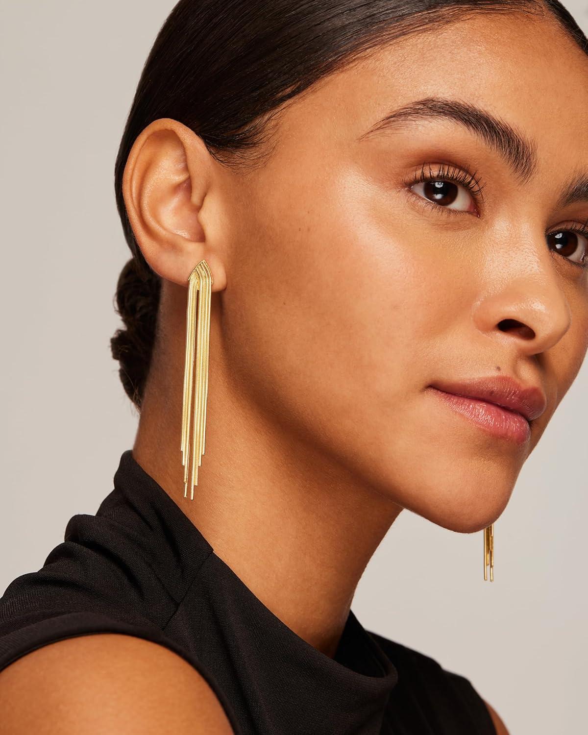 imagePAVOI 14K Gold Plated Long Tassel Dangle Earrings for Women  925 Sterling Silver Posts Elegant Rhinestone Chain Chandelier Drop Earrings  Statement JewelryWhite Gold