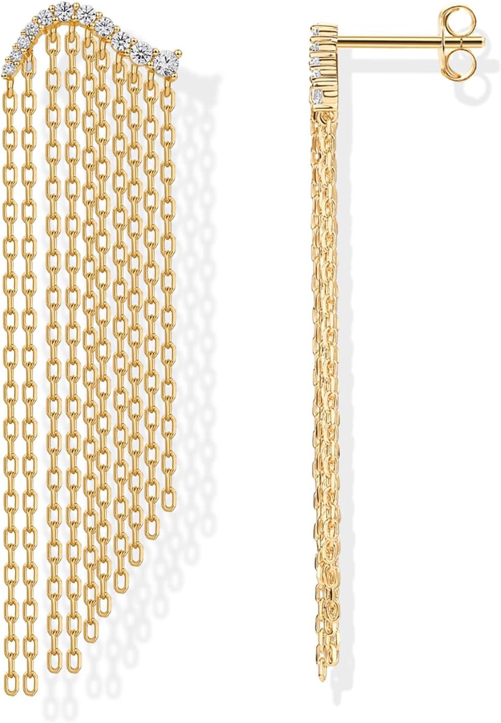 imagePAVOI 14K Gold Plated Long Tassel Dangle Earrings for Women  925 Sterling Silver Posts Elegant Rhinestone Chain Chandelier Drop Earrings  Statement JewelryYellow Gold