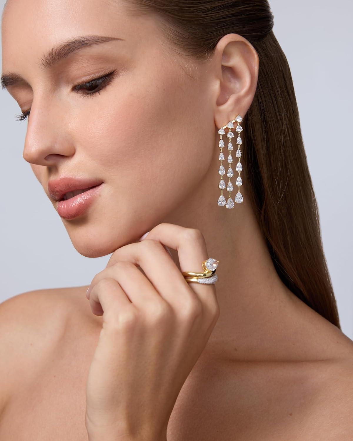 imagePAVOI 14K Gold Plated Long Tassel Dangle Earrings for Women  925 Sterling Silver Posts Elegant Rhinestone Chain Chandelier Drop Earrings  Statement JewelryWhite Gold