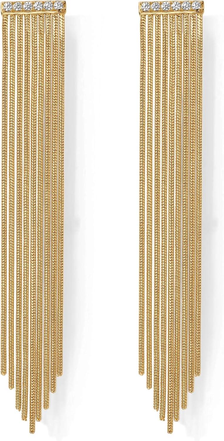 imagePAVOI 14K Gold Plated Long Tassel Dangle Earrings for Women  925 Sterling Silver Posts Elegant Rhinestone Chain Chandelier Drop Earrings  Statement JewelryYellow Gold