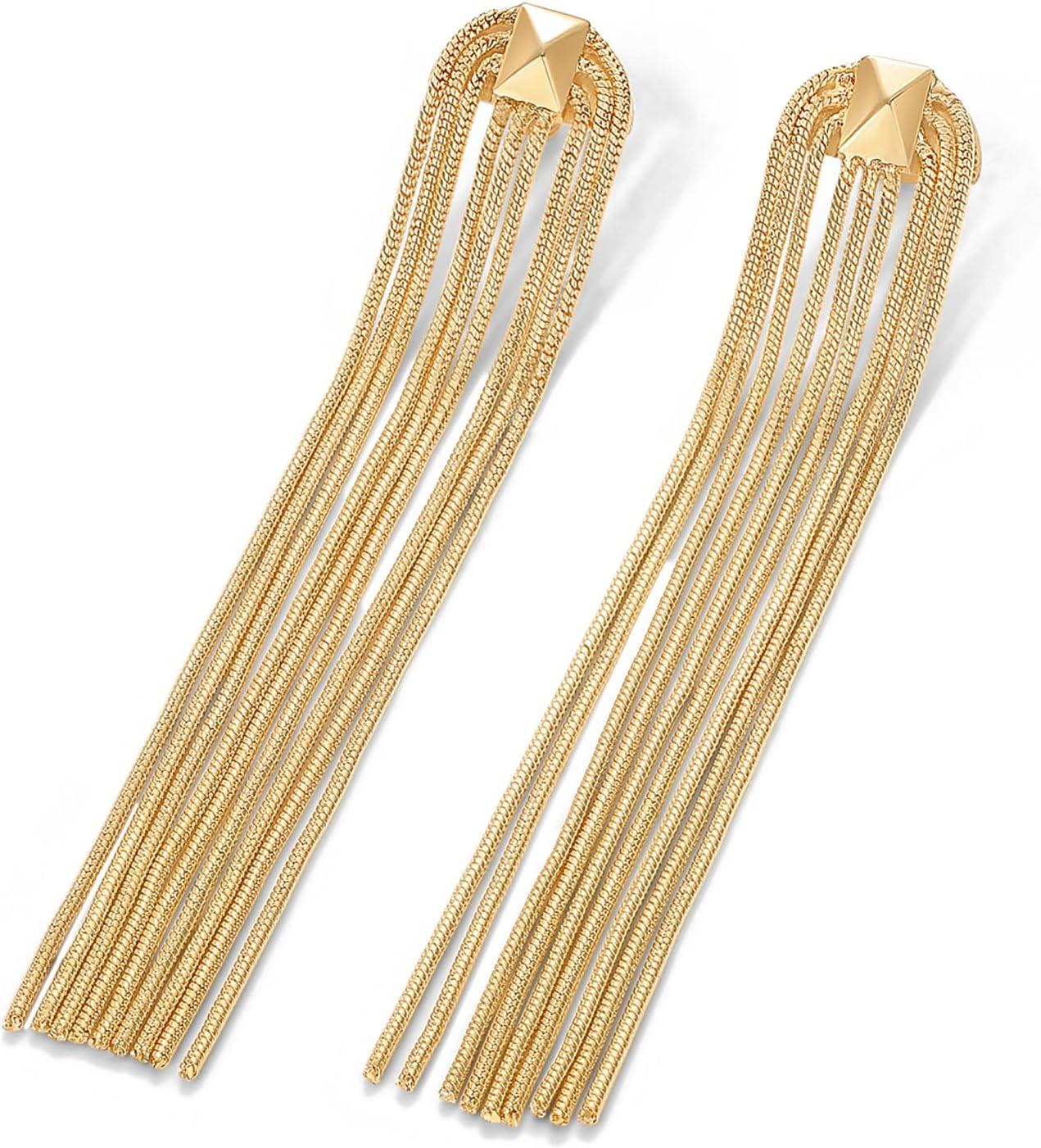 imagePAVOI 14K Gold Plated Long Tassel Dangle Earrings for Women  925 Sterling Silver Posts Elegant Rhinestone Chain Chandelier Drop Earrings  Statement JewelryYellow Gold