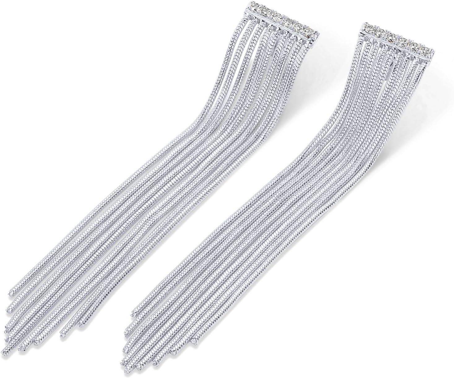 imagePAVOI 14K Gold Plated Long Tassel Dangle Earrings for Women  925 Sterling Silver Posts Elegant Rhinestone Chain Chandelier Drop Earrings  Statement JewelryWhite Gold