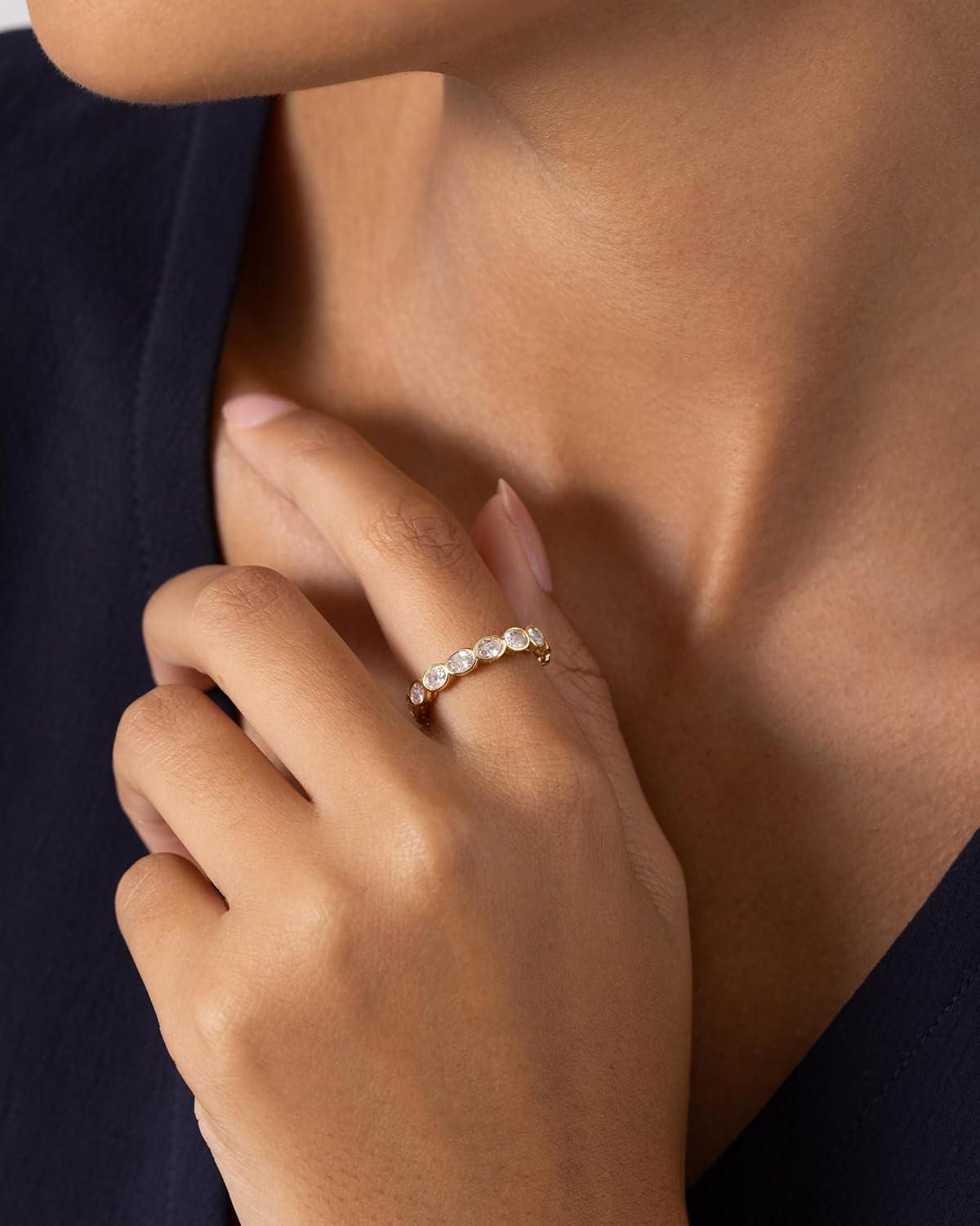 imagePAVOI 14K Gold Plated Oval Eternity Band for Women  Oval Cubic Zirconia Rings for Women  Stackable Wedding Band for Brides  Promise Eternity Ring Jewelry GiftsYellow Gold