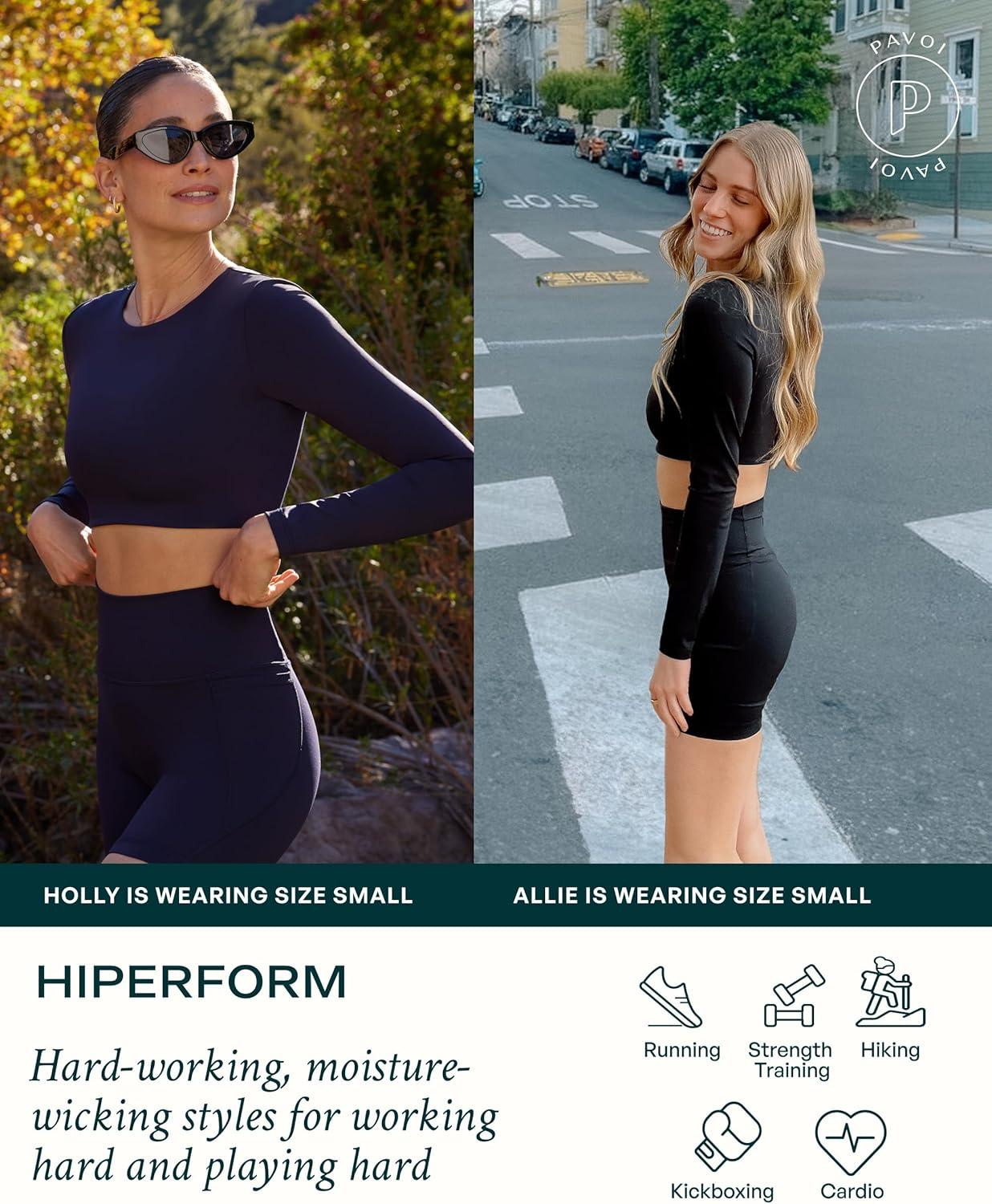 imagePAVOI ACTIVE Long Sleeve Crop Top  Medium Support Crew Neck MoistureWicking Womens Performance Gym Workout Tee  HiPerformBlack