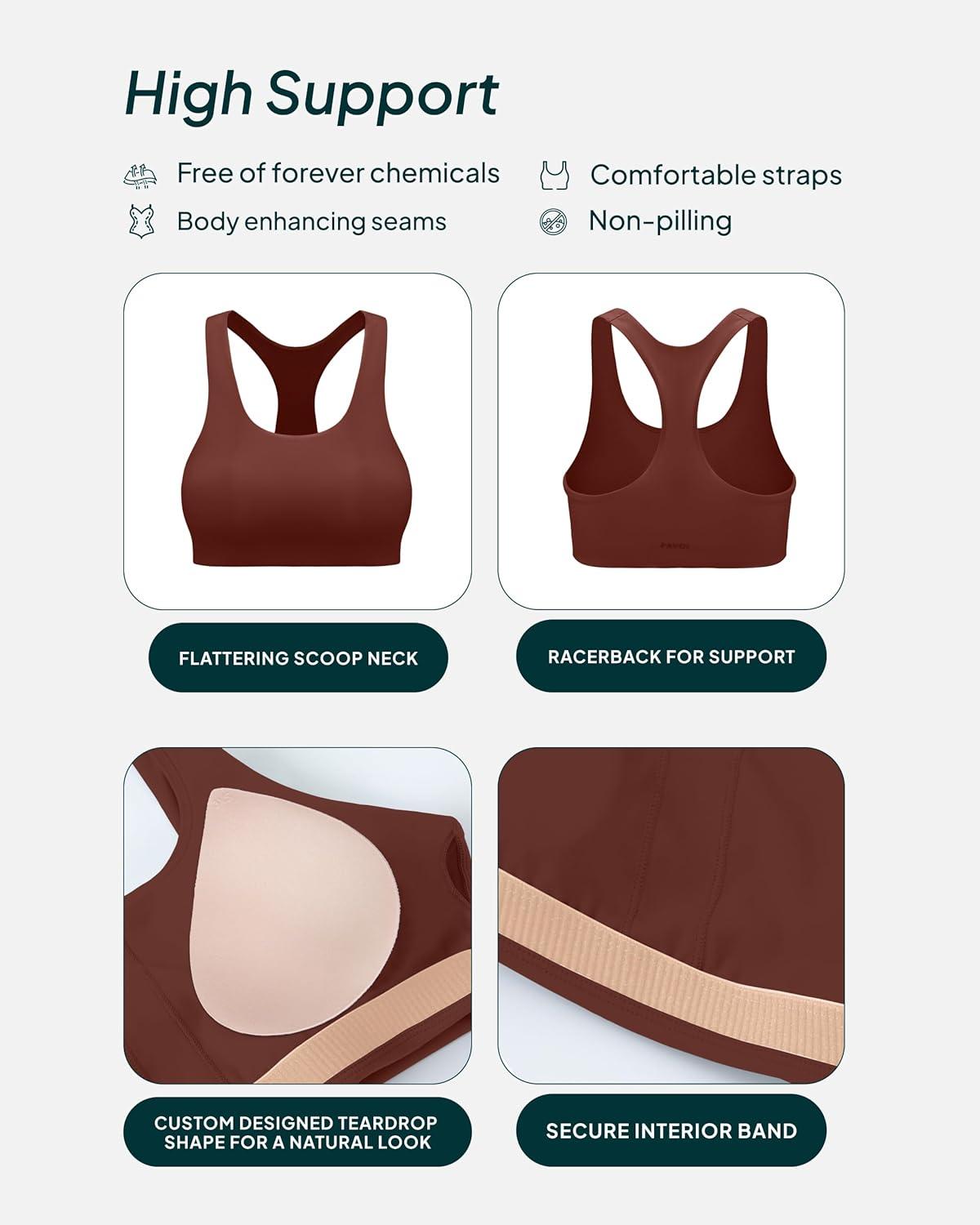 imagePAVOI ACTIVE Racerback Supportive Sports Bras for Women  High Support Scoop Neck Gym Workout Bra Removable Pads  HiPerformChocolate