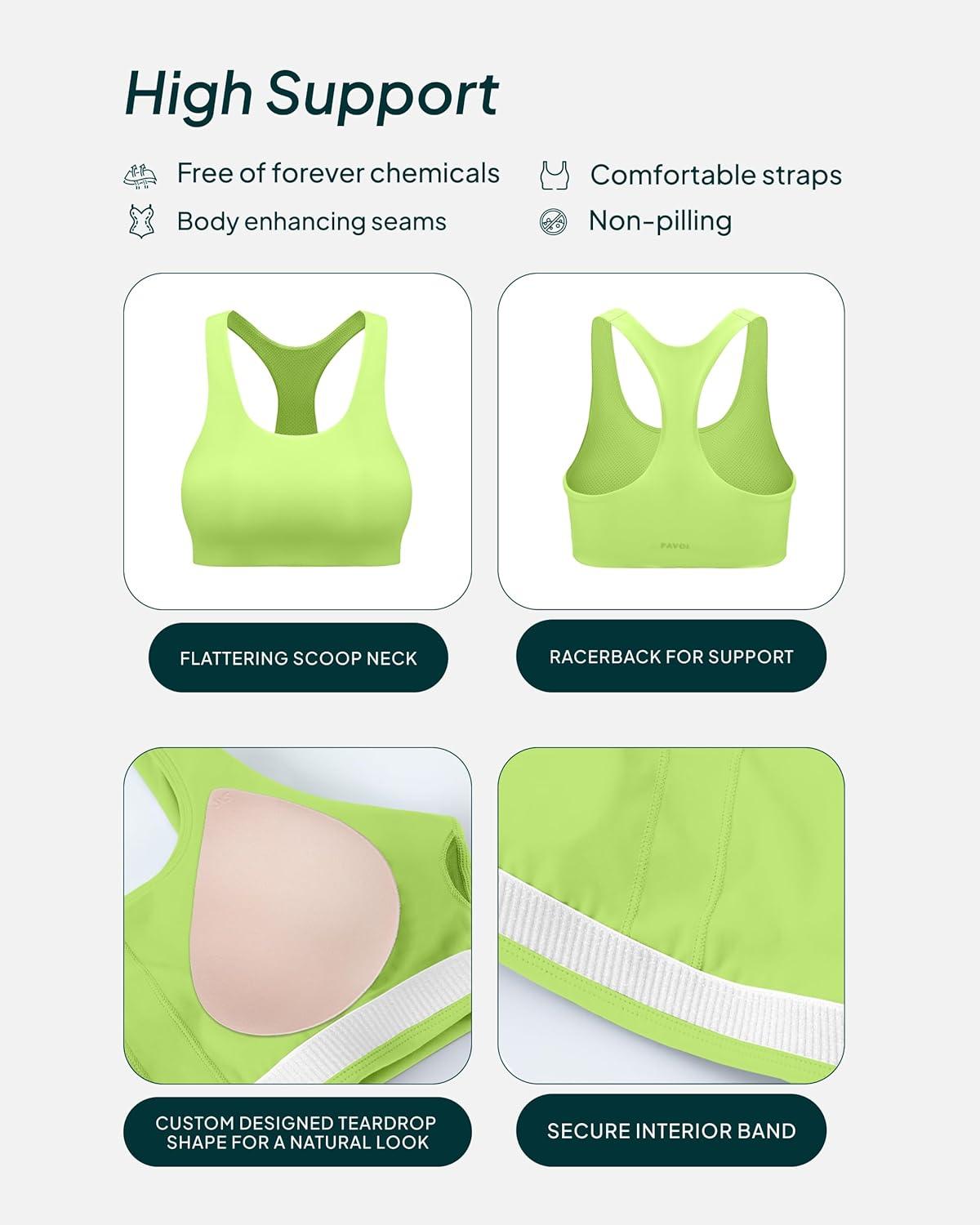 imagePAVOI ACTIVE Racerback Supportive Sports Bras for Women  High Support Scoop Neck Gym Workout Bra Removable Pads  HiPerformGlowing Green