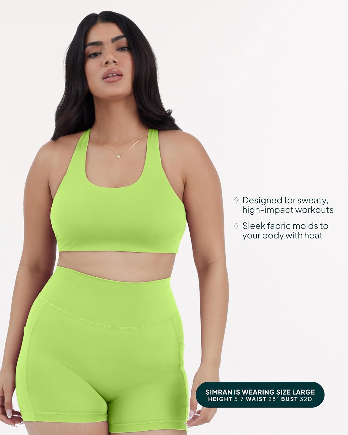 imagePAVOI ACTIVE Racerback Supportive Sports Bras for Women  High Support Scoop Neck Gym Workout Bra Removable Pads  HiPerformGlowing Green