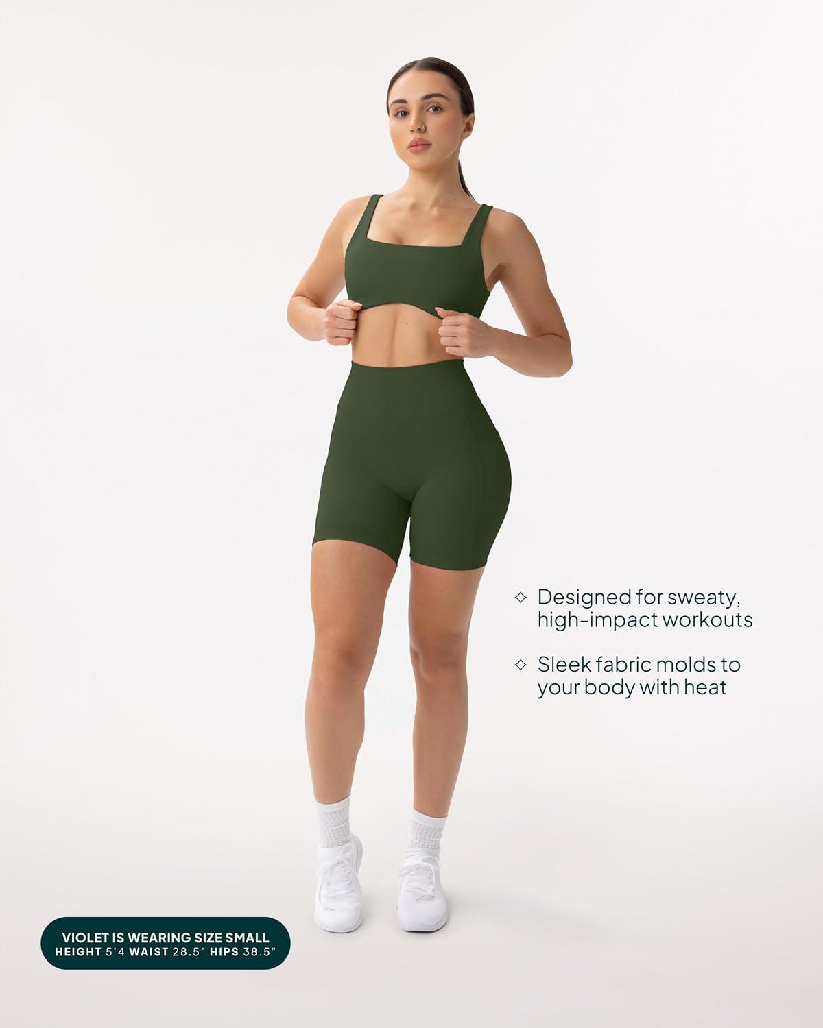 imagePAVOI ACTIVE Shorts with Pockets  Compressive High Waisted Butt Sculpting 4quot ampamp 6quot Womens Biker Shorts  HiPerform XXS to 3XArmy