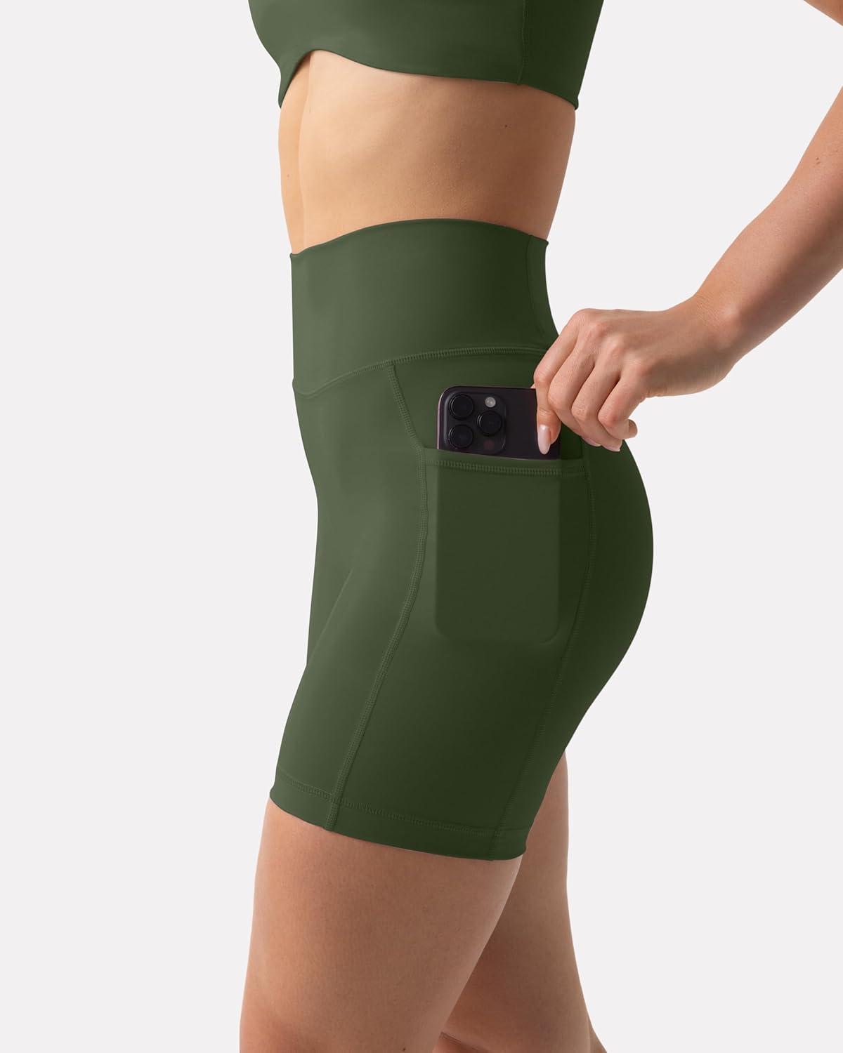 imagePAVOI ACTIVE Shorts with Pockets  Compressive High Waisted Butt Sculpting 4quot ampamp 6quot Womens Biker Shorts  HiPerform XXS to 3XArmy