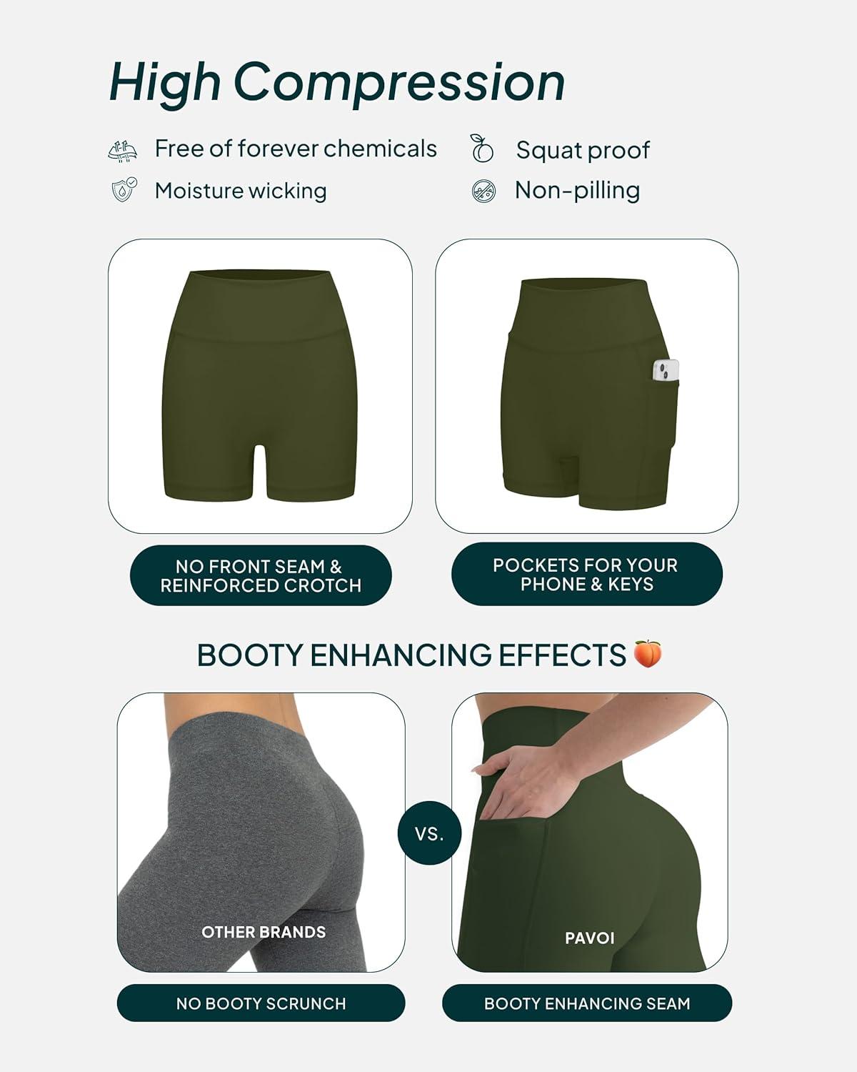 imagePAVOI ACTIVE Shorts with Pockets  Compressive High Waisted Butt Sculpting 4quot ampamp 6quot Womens Biker Shorts  HiPerform XXS to 3XArmy