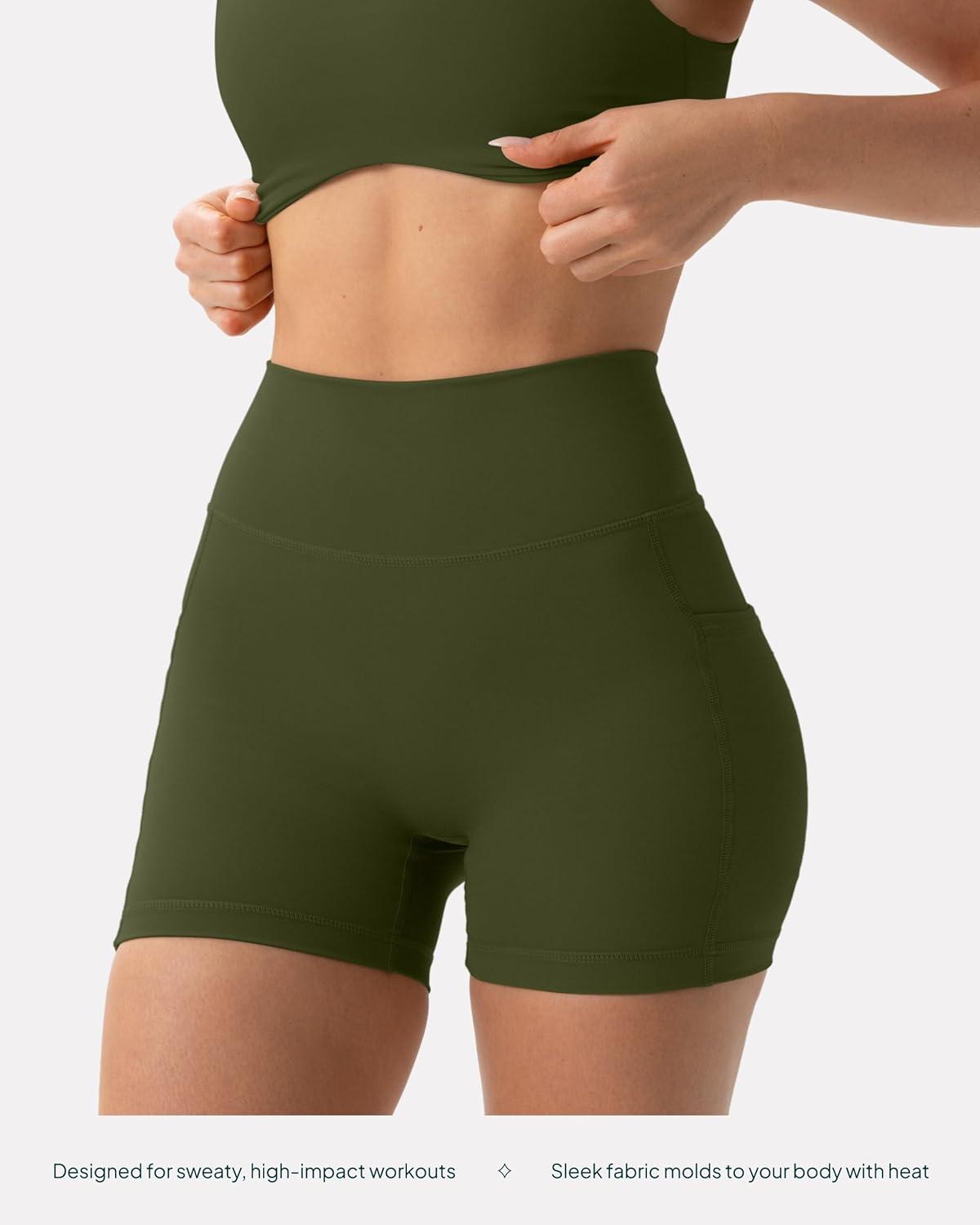 imagePAVOI ACTIVE Shorts with Pockets  Compressive High Waisted Butt Sculpting 4quot ampamp 6quot Womens Biker Shorts  HiPerform XXS to 3XArmy