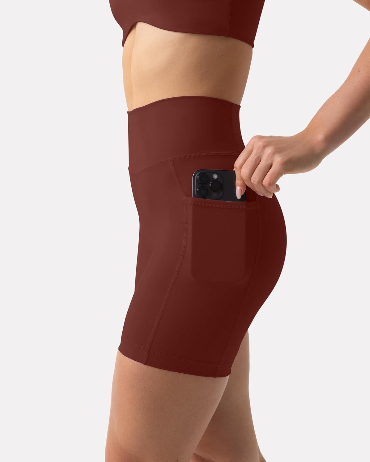 imagePAVOI ACTIVE Shorts with Pockets  Compressive High Waisted Butt Sculpting 4quot ampamp 6quot Womens Biker Shorts  HiPerform XXS to 3XChocolate