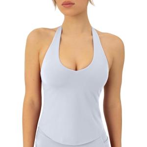 imagePAVOI ACTIVE Workout Halter Tops for Women Built in Bra  Low Support V Neck Backless Sports Tank Top Shelf Bra  HiPerformSilver