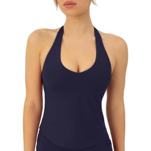 imagePAVOI ACTIVE Workout Halter Tops for Women Built in Bra  Low Support V Neck Backless Sports Tank Top Shelf Bra  HiPerformTwilight