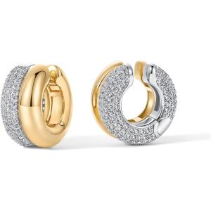imagePAVOI 14K Gold Plated TwoToned Chunky Tubular Hinged Double Stacked Pave Zirconia Ear Cuffs Earscape for Women  MixedMetal White ampamp Yellow Gold Statement Earring Pair
