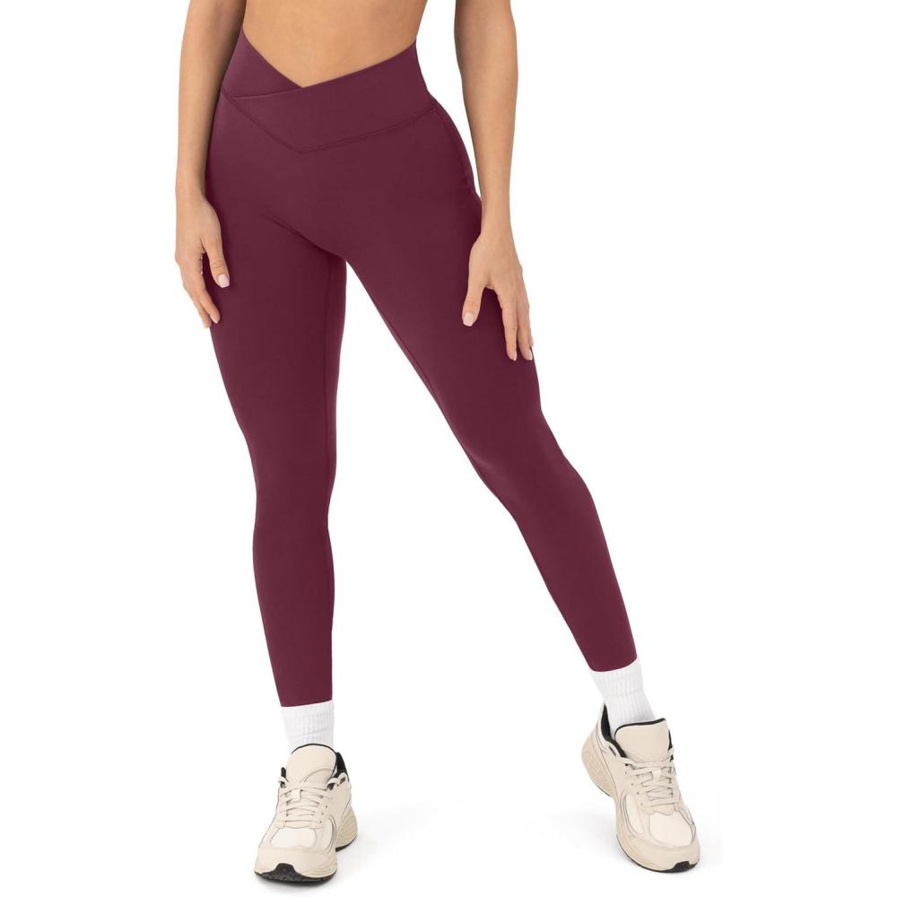 imagePAVOI ACTIVE Pilates Crossover Leggings for Women  Buttery Soft High Waisted V Cut Cross Waist Workout Yoga Pants  FlexFlowBordeaux
