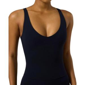 image:imagePAVOI ACTIVE Sports V Neck Tank Top for Women  Low V Front amp Back Mid Support Workout Tight Tank with Shelf Bra  FlexFlowBlack