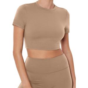 image:imagePAVOI ACTIVE Athleisure Crop Tee  Low Support Crew Neck Short Cap Sleeves Lounge Workout Womens Cropped Top  LuxeCloudSand